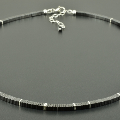 Hämatitkette mit 925er Silber, eckig Männerschmuck anthrazit