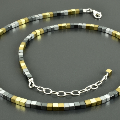 Hämatitkette Würfel gold-silberfarbend minimalistisch edel zart