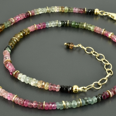 Zarte Turmalinkette bunt multicolor facettierte Linsen vergoldet