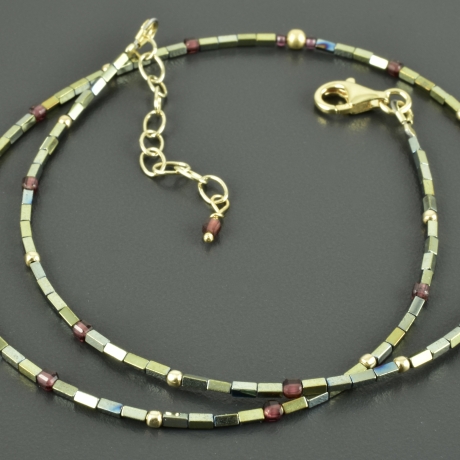 Zarte Kette Hämatit Granat Würfel verg.Silber Edelsteine Geschenk