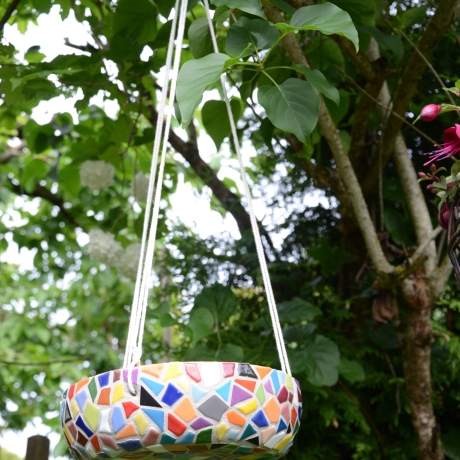 Mosaik Blumenampel Vogeltränke bunt 