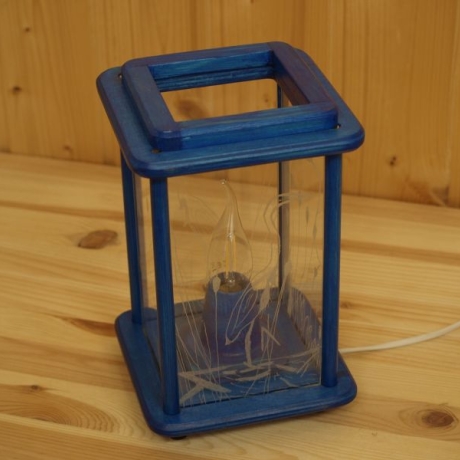 Tischlampe aus Holz, elektrisch, Laterne, blau, handgraviert