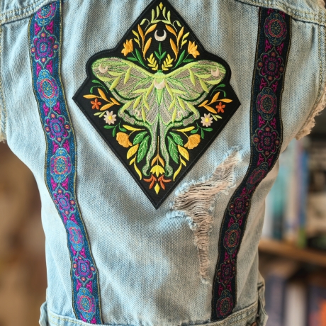 Handmade Jeansweste Gr.M Upcycling Fairy Festival Rave Psy Look 