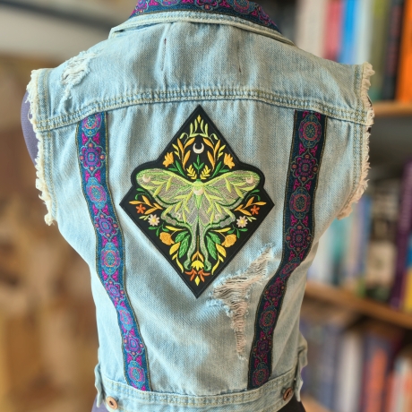 Handmade Jeansweste Gr.M Upcycling Fairy Festival Rave Psy Look 