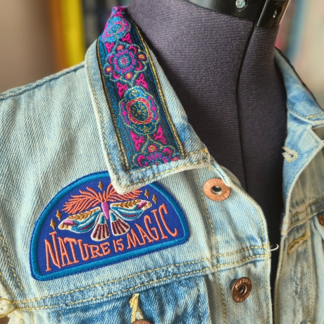 Handmade Jeansweste Gr.M Upcycling Fairy Festival Rave Psy Look 