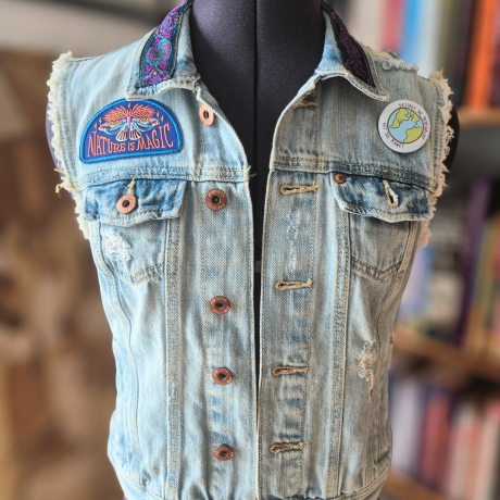 Handmade Jeansweste Gr.M Upcycling Fairy Festival Rave Psy Look 