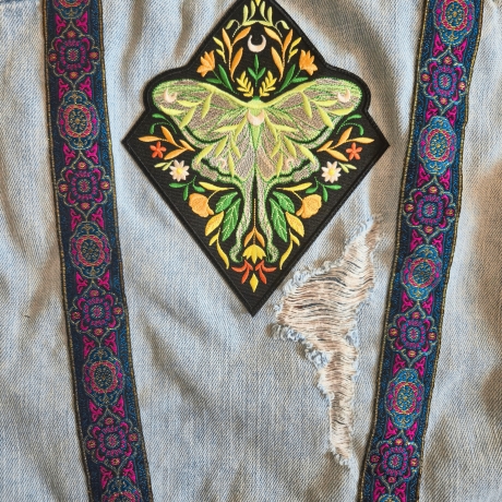 Handmade Jeansweste Gr.M Upcycling Fairy Festival Rave Psy Look 