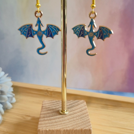 Emaillierte Drachen Ohrringe – Fantasy Schmuck in Blau & Gold