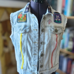 Handmade Jeansweste Gr.S Upcycling Fairy Festival Rave Psy Look 