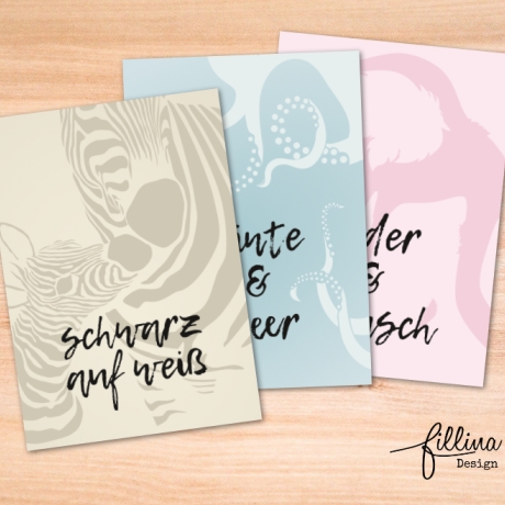 Designpostkarten: Zebra, Flamingo & Oktopus