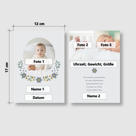 100 Dankeskarten Geburt Blütenblau