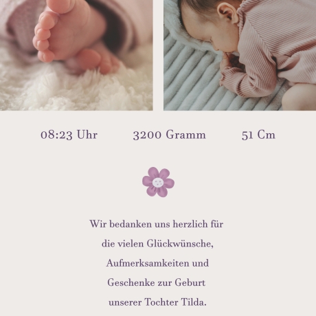 100 Dankeskarten Geburt Blütenlila