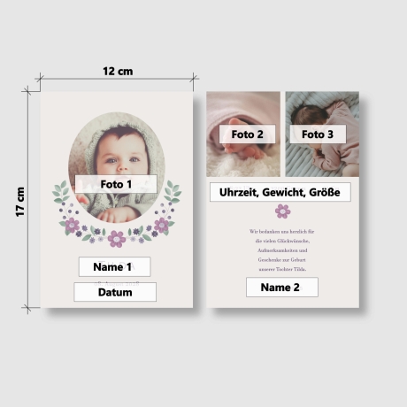 100 Dankeskarten Geburt Blütenlila