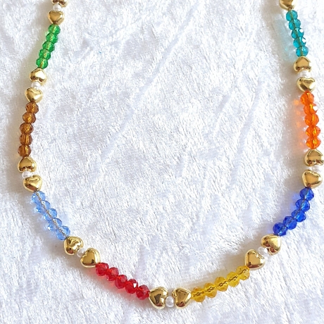 Halskette Perlenkette Bunt mit Gold Kurzkette Kette Damenkette