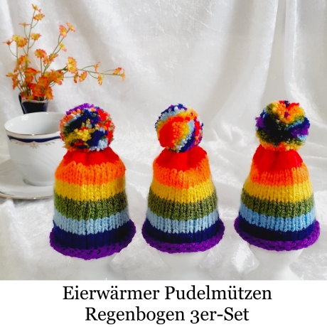 Eierwärmer Eier-Mützen Pudelmützen für Eier 3er-Set Regenbogen