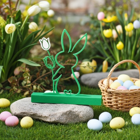 Einfarbiger Hase mit Tulpe aus PLA –  Oster-Deko zum Hinstellen