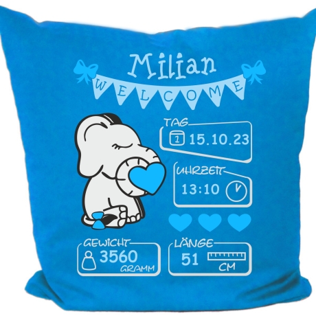 Kissen 40x40 cm WELCOME BOY personalisiert mit Geburtsdaten/Name
