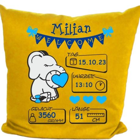 Kissen 40x40 cm WELCOME BOY personalisiert mit Geburtsdaten/Name