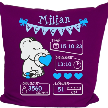 Kissen 40x40 cm WELCOME BOY personalisiert mit Geburtsdaten/Name