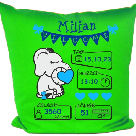 Kissen 40x40 cm WELCOME BOY personalisiert mit Geburtsdaten/Name