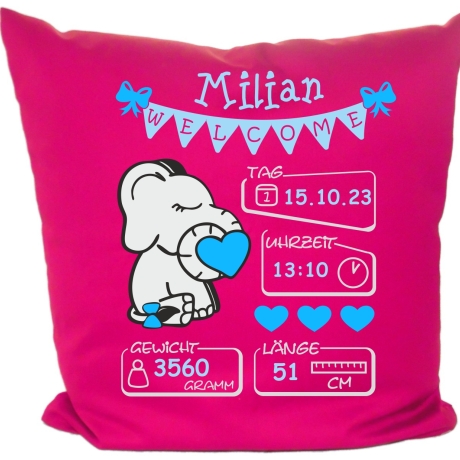 Kissen 40x40 cm WELCOME BOY personalisiert mit Geburtsdaten/Name