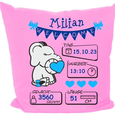 Kissen 40x40 cm WELCOME BOY personalisiert mit Geburtsdaten/Name