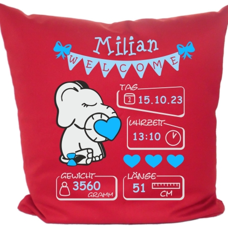 Kissen 40x40 cm WELCOME BOY personalisiert mit Geburtsdaten/Name