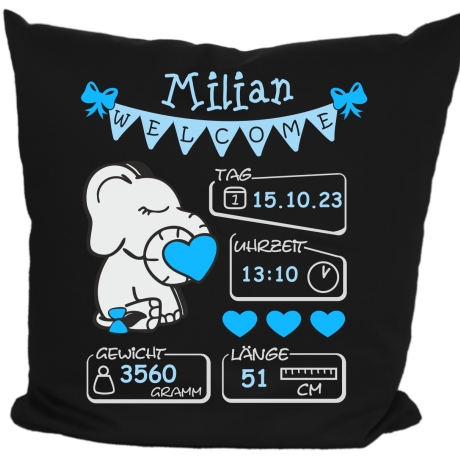 Kissen 40x40 cm WELCOME BOY personalisiert mit Geburtsdaten/Name