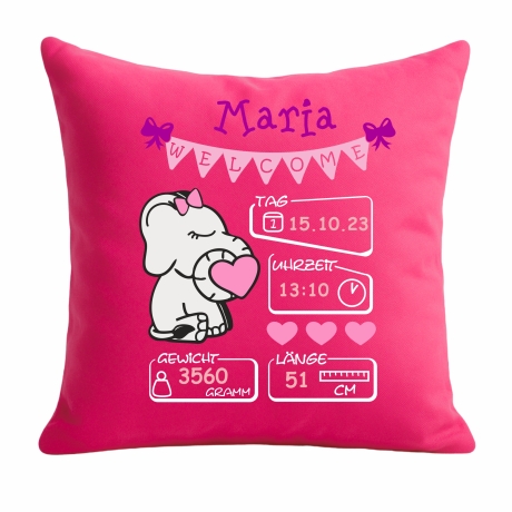 Kissen 40x40 cm WELCOME GIRL personalisiert mit Geburtsdaten/Name