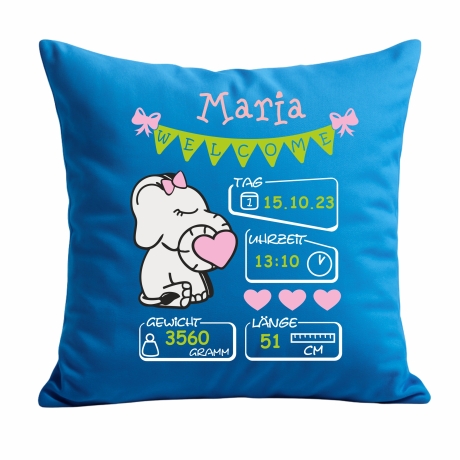 Kissen 40x40 cm WELCOME GIRL personalisiert mit Geburtsdaten/Name