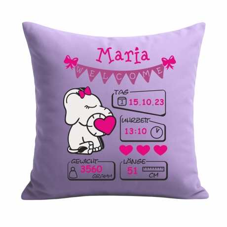 Kissen 40x40 cm WELCOME GIRL personalisiert mit Geburtsdaten/Name
