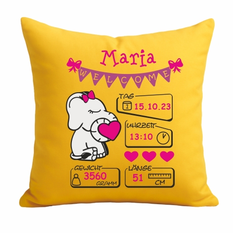 Kissen 40x40 cm WELCOME GIRL personalisiert mit Geburtsdaten/Name