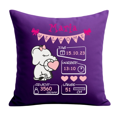 Kissen 40x40 cm WELCOME GIRL personalisiert mit Geburtsdaten/Name