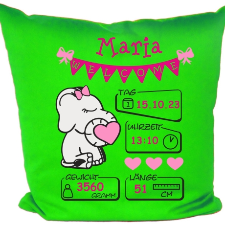 Kissen 40x40 cm WELCOME GIRL personalisiert mit Geburtsdaten/Name