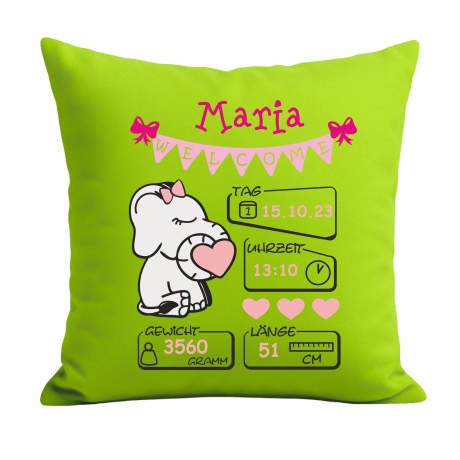 Kissen 40x40 cm WELCOME GIRL personalisiert mit Geburtsdaten/Name