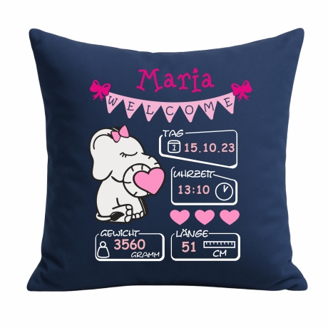 Kissen 40x40 cm WELCOME GIRL personalisiert mit Geburtsdaten/Name