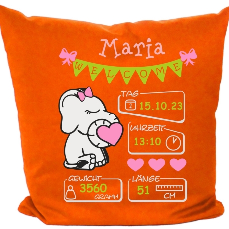 Kissen 40x40 cm WELCOME GIRL personalisiert mit Geburtsdaten/Name