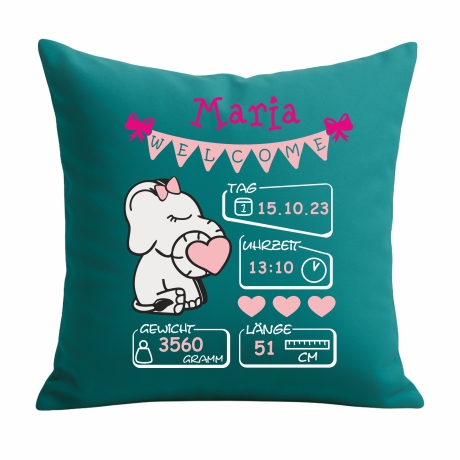 Kissen 40x40 cm WELCOME GIRL personalisiert mit Geburtsdaten/Name