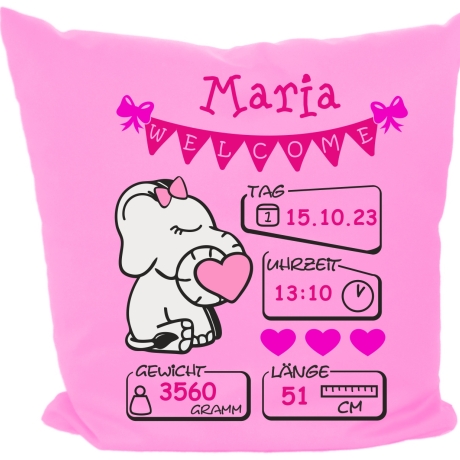 Kissen 40x40 cm WELCOME GIRL personalisiert mit Geburtsdaten/Name
