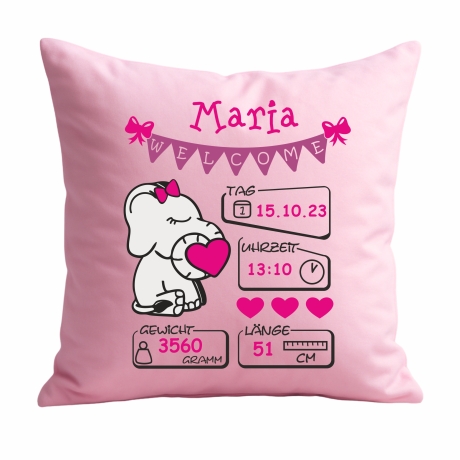 Kissen 40x40 cm WELCOME GIRL personalisiert mit Geburtsdaten/Name