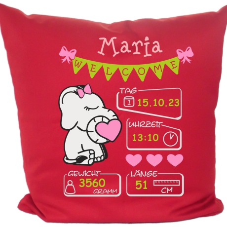 Kissen 40x40 cm WELCOME GIRL personalisiert mit Geburtsdaten/Name