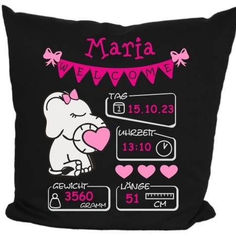 Kissen 40x40 cm WELCOME GIRL personalisiert mit Geburtsdaten/Name