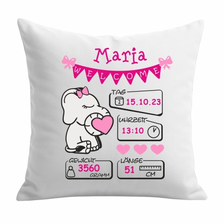 Kissen 40x40 cm WELCOME GIRL personalisiert mit Geburtsdaten/Name