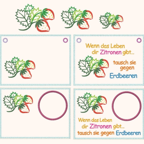 Erdbeeren Stickdatei Solo Schild und Mugrug mit Text oder Blanko