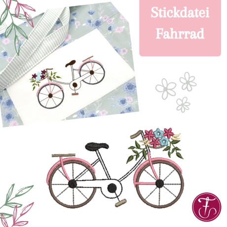 Stickdatei Fahrrad mit Blumen verschiedene Größen