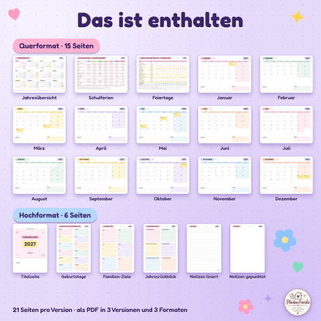Familienplaner 2027 zum Ausdrucken, Jahresplaner A4 A5 PDF