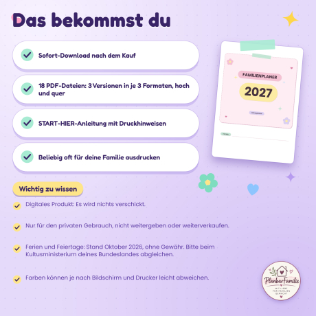 Familienplaner 2027 zum Ausdrucken, Jahresplaner A4 A5 PDF