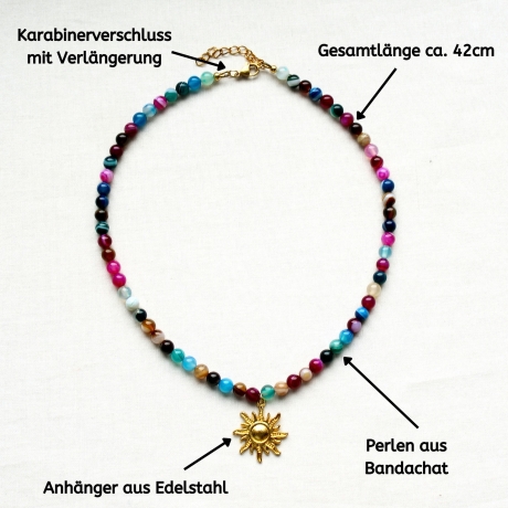 Boho Halskette aus buntem Achat mit Sonne Anhänger