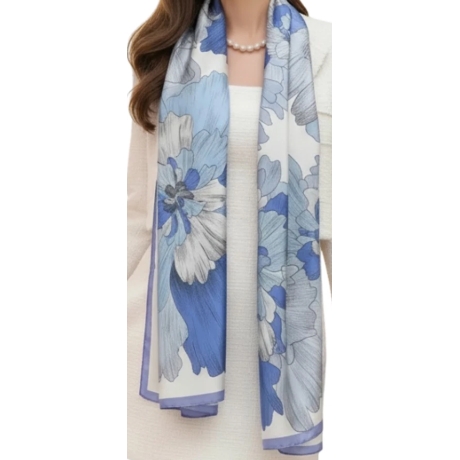 Damen Seidentuch hell-blau-weiss Blumen, 180 x 90 cm