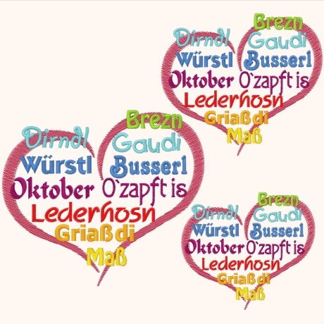 Festherz 3x Stickdatei Wortwolke Oktober Dirdl Brezn Ozapft is